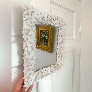 White Lily Orchid Cottagecore Shabby Framed Hanging Mirror 13.5” by 11.5”